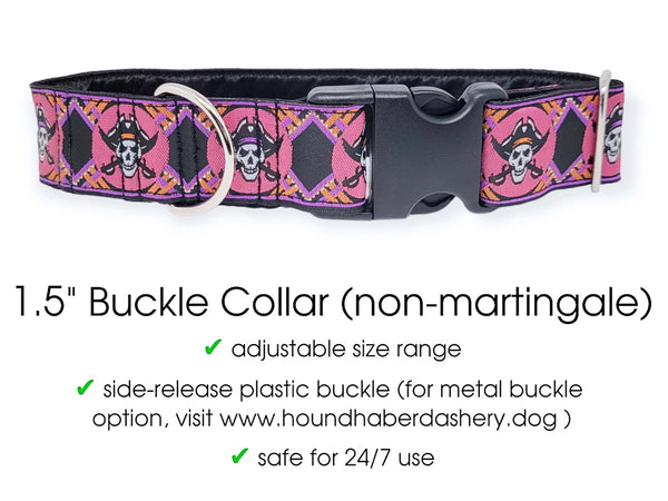 The Hound Haberdashery Collar Pirates in Pink- Martingale Dog Collar or Buckle Dog Collar - 1.5" Width