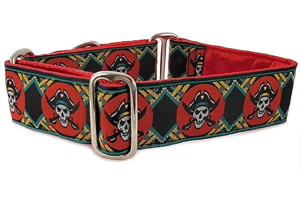 The Hound Haberdashery Collar Pirates in Red & Black - Martingale Dog Collar or Buckle Dog Collar - 1.5" Width