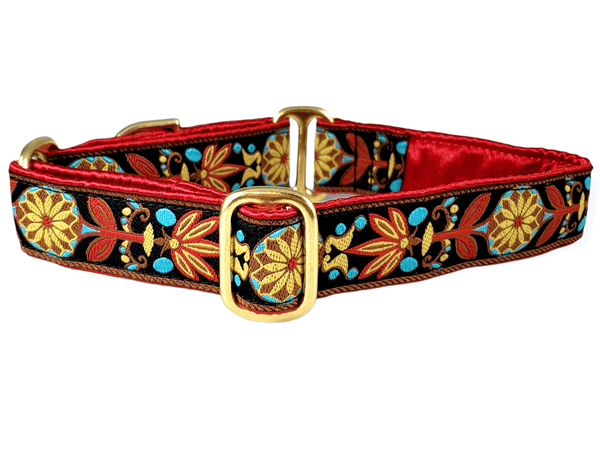 The Hound Haberdashery Collar Copenhagen Pinwheel in Red, Brown & Aqua - Martingale Dog Collar or Buckle Dog Collar - 1" Width