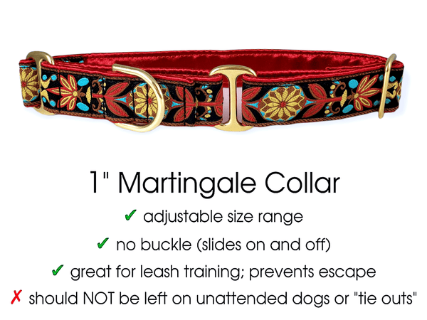 The Hound Haberdashery Collar Copenhagen Pinwheel in Red, Brown & Aqua - Martingale Dog Collar or Buckle Dog Collar - 1" Width