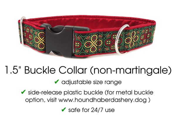 Blarney Christmas Jacquard in Red & Gold - Martingale Dog Collar or Buckle Dog Collar - 1.5" Width - The Hound Haberdashery