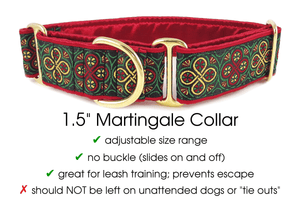 Blarney Christmas Jacquard in Red & Gold - Martingale Dog Collar or Buckle Dog Collar - 1.5" Width - The Hound Haberdashery