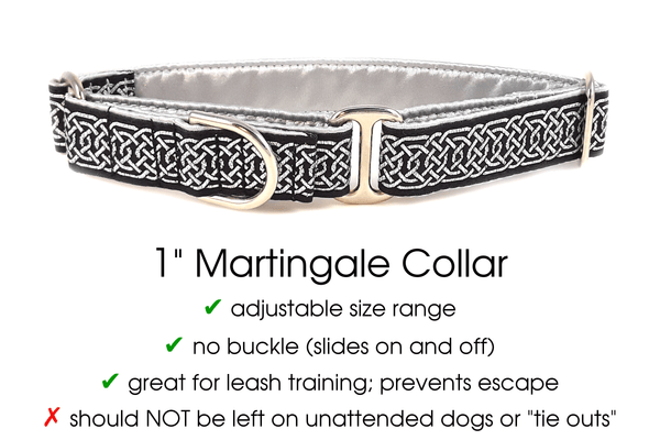 Wexford Jacquard in Metallic Silver & Black - Martingale Dog Collar or Buckle Dog Collar - 1" Width - The Hound Haberdashery