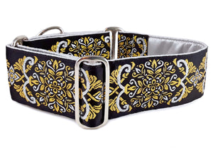 The Hound Haberdashery Collar Shiraz Jacquard in Metallic Silver & Gold - Martingale Dog Collar or Buckle Dog Collar - 2" Width