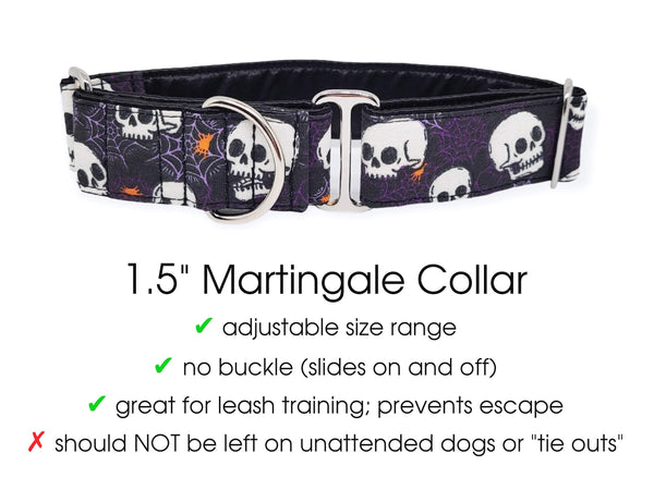 The Hound Haberdashery Collar Spooky Halloween Skulls - Martingale Dog Collar or Buckle Dog Collar - 1.5" Width