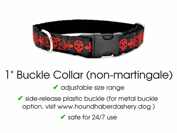 The Hound Haberdashery Collar Skeleton Crew Jacquard in Red & Black - Martingale Dog Collar or Buckle Dog Collar - 1" Width