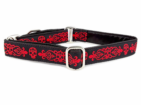 The Hound Haberdashery Collar Skeleton Crew Jacquard in Red & Black - Martingale Dog Collar or Buckle Dog Collar - 1" Width
