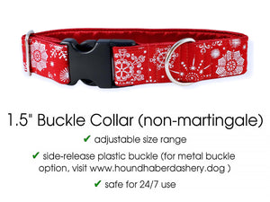 The Hound Haberdashery Collar Snowflakes in Red - Martingale Dog Collar or Buckle Dog Collar - 1.5" & 2" Widths