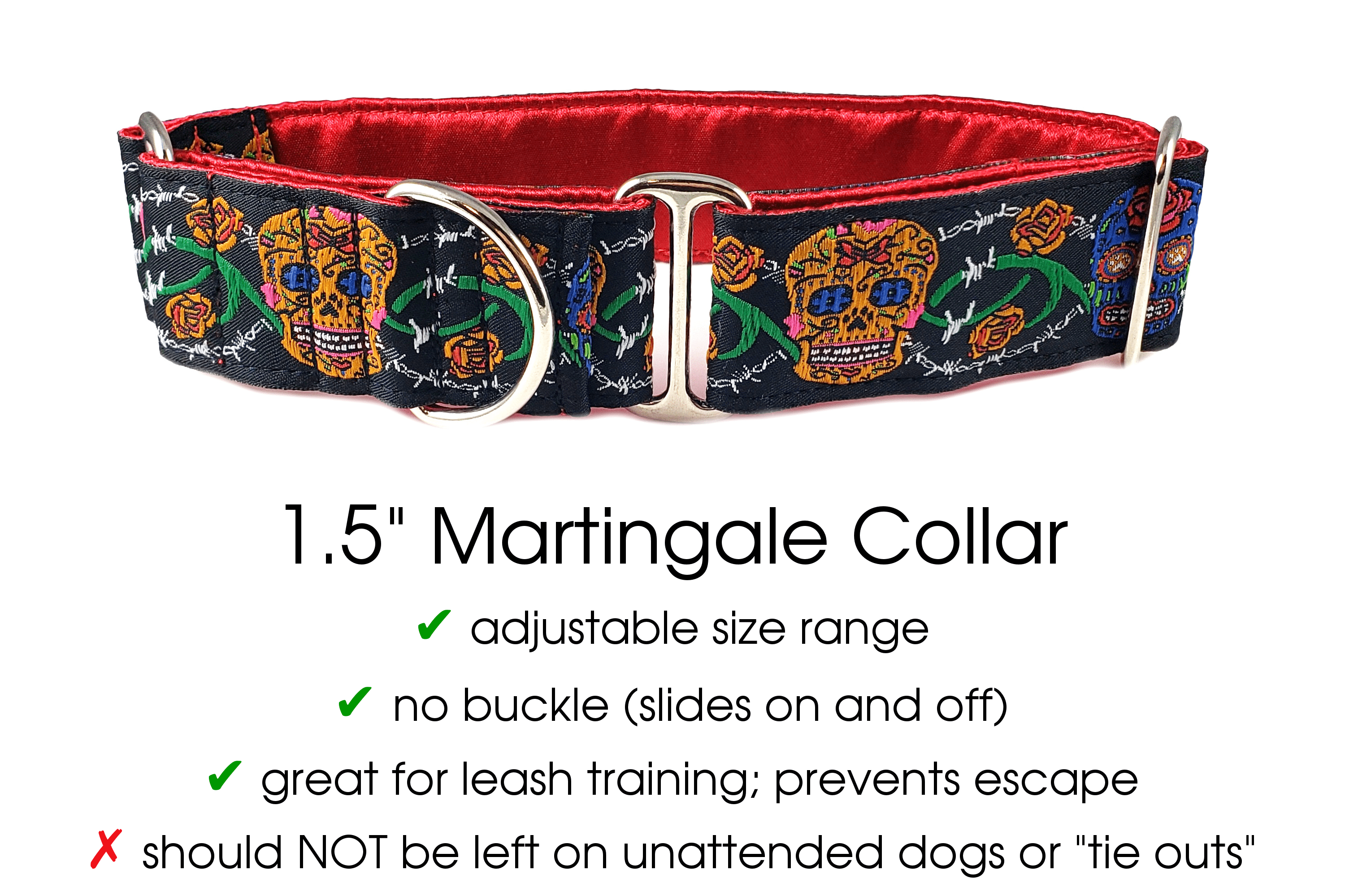 The Hound Haberdashery Collar Sugar Skulls in Black - Martingale Dog Collar or Buckle Dog Collar - 1.5" Width