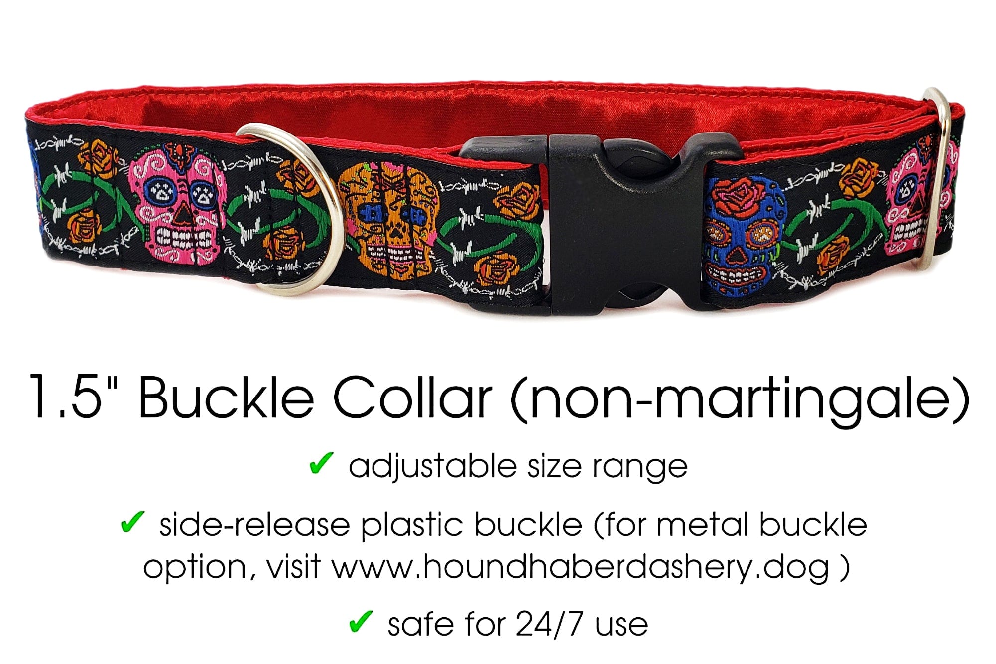 The Hound Haberdashery Collar Sugar Skulls in Black - Martingale Dog Collar or Buckle Dog Collar - 1.5" Width