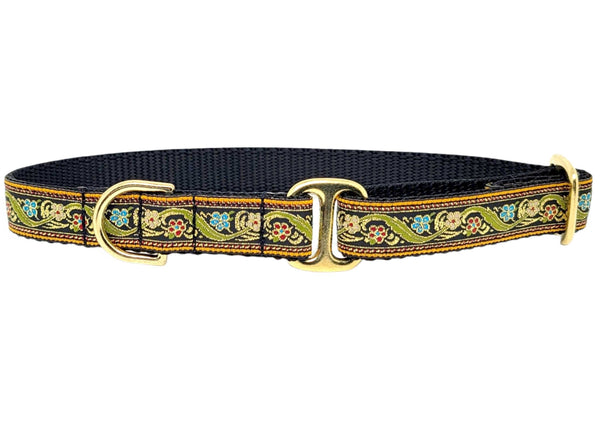 The Hound Haberdashery Collar Tag Collar - Gold Floral Vines on Black