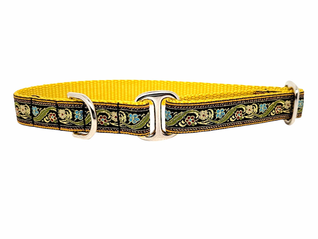 The Hound Haberdashery Collar Tag Collar - Gold Floral Vines on Yellow
