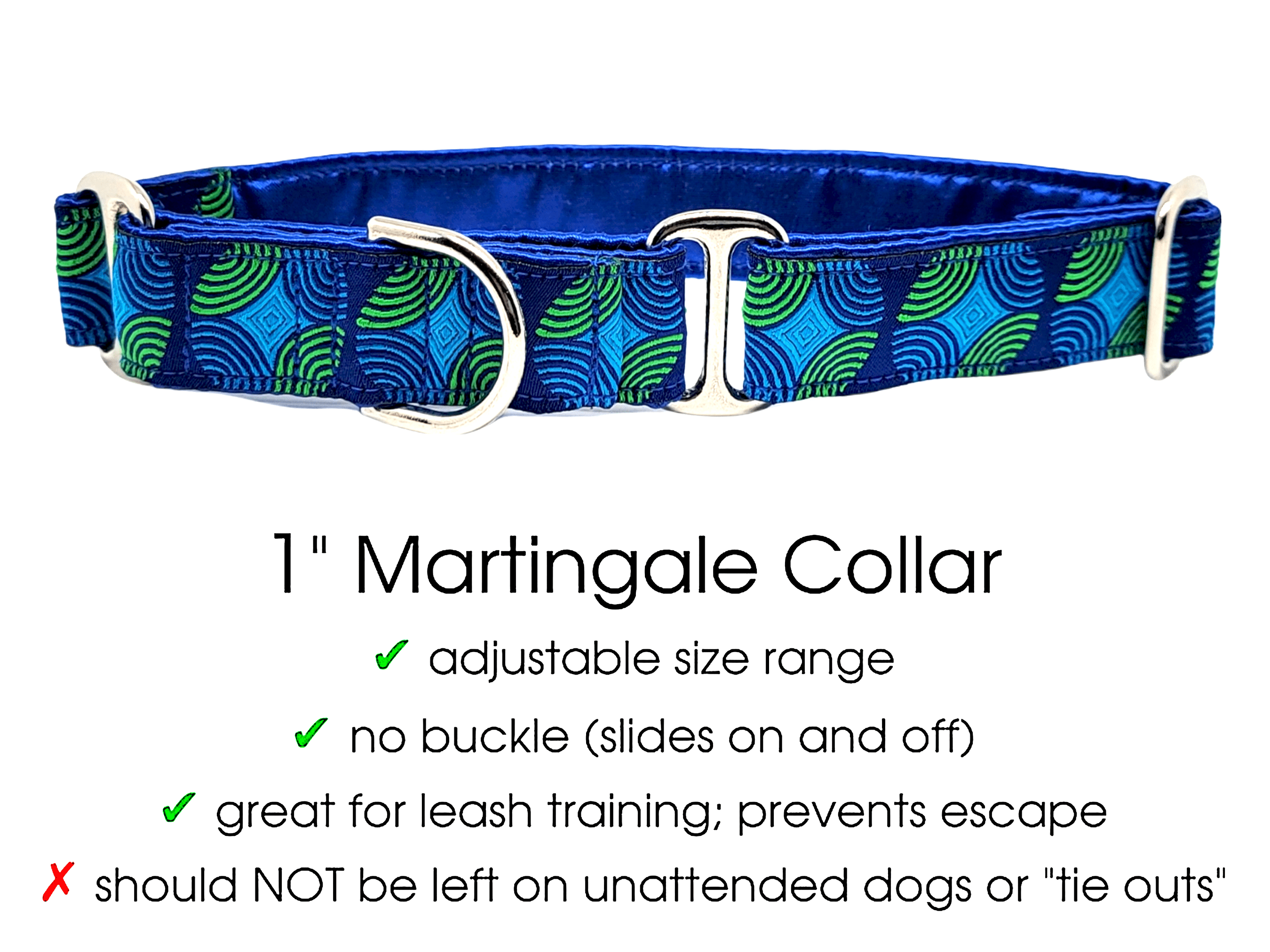 The Hound Haberdashery Collar Reverb in Blue & Green - Martingale Dog Collar or Buckle Dog Collar - 1" Width