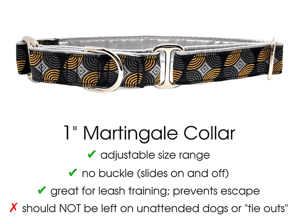The Hound Haberdashery Collar Reverb in Black & Gold - Martingale Dog Collar or Buckle Dog Collar - 1" Width
