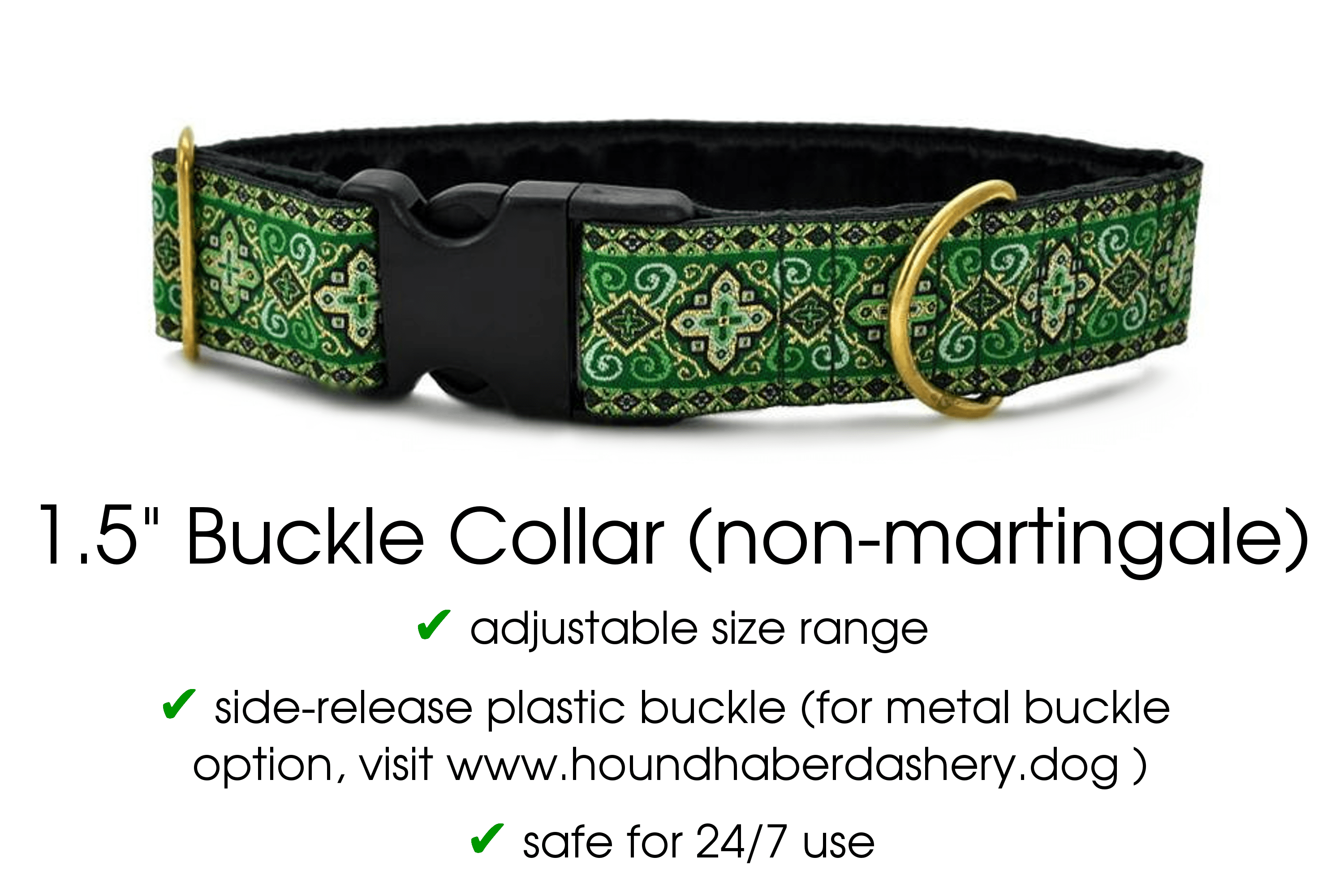 The Hound Haberdashery Green Nobility Buckle collar (size LARGE)- for Medium to Large Dog, Greyhound, Whippet, Poodle - 1.5 Inch Wide