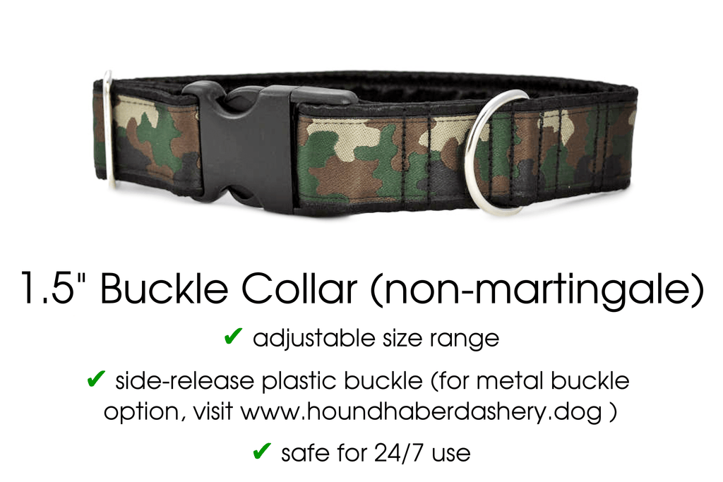 The Hound Haberdashery Camo Buckle Collar (size large)- for Medium to Large Dog, Greyhound, Whippet, Poodle - 1.5 Inch Wide