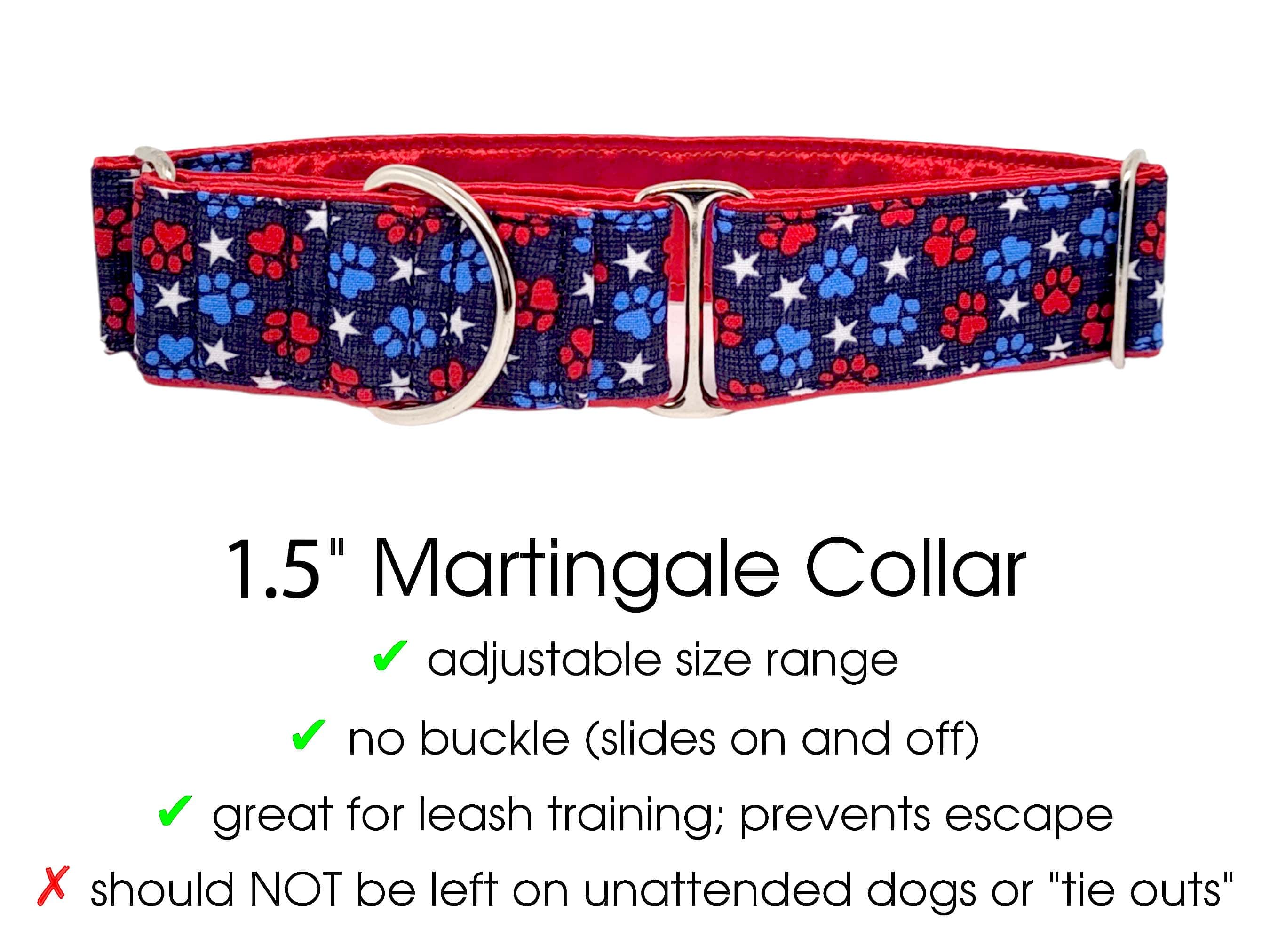 The Hound Haberdashery Patriotic Paws Martingale Collar (size MED)- for Medium to Large Dog, Greyhound, Whippet, Poodle - 1.5 Inch Wide