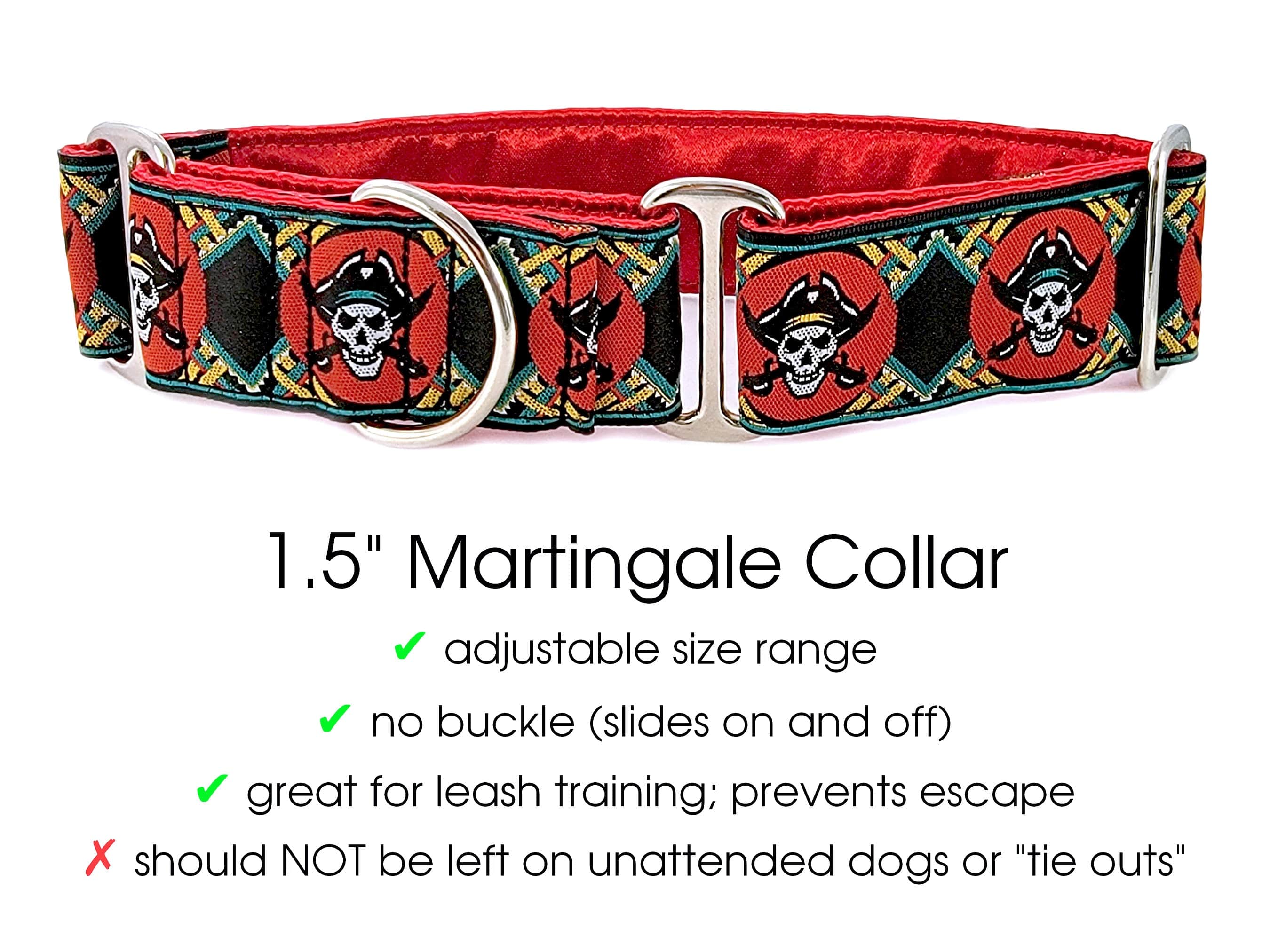 The Hound Haberdashery Pirates (RED) Martingale Collar (size MED)- for Medium to Large Dog, Greyhound, Whippet, Poodle - 2 Inch Wide