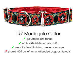 The Hound Haberdashery Pirates (RED) Martingale Collar (size MED)- for Medium to Large Dog, Greyhound, Whippet, Poodle - 2 Inch Wide