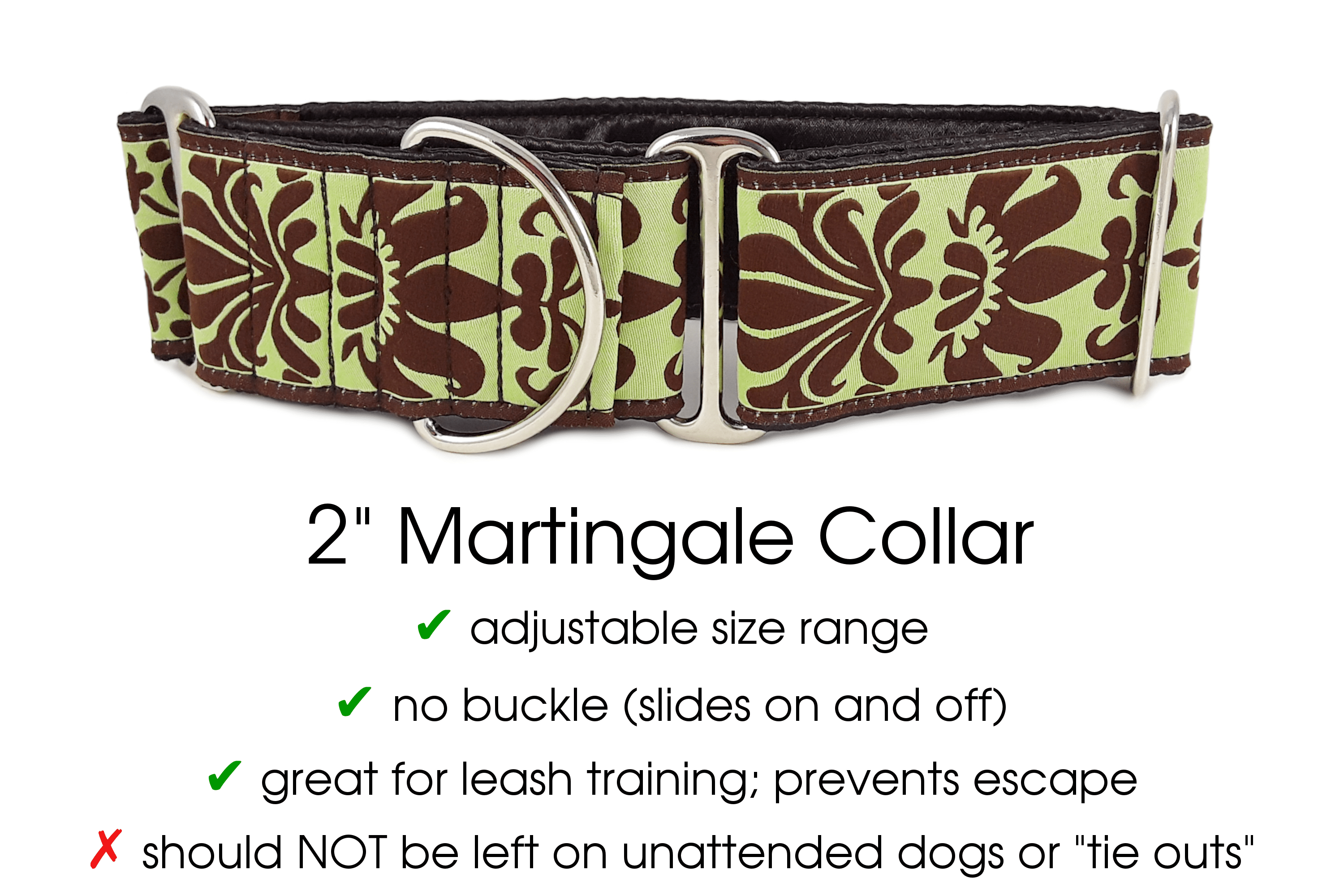 The Hound Haberdashery Premade & Ready to Ship: 2" Green and Brown Damask Martingale Collar (size large)