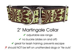 The Hound Haberdashery Premade & Ready to Ship: 2" Green and Brown Damask Martingale Collar (size large)
