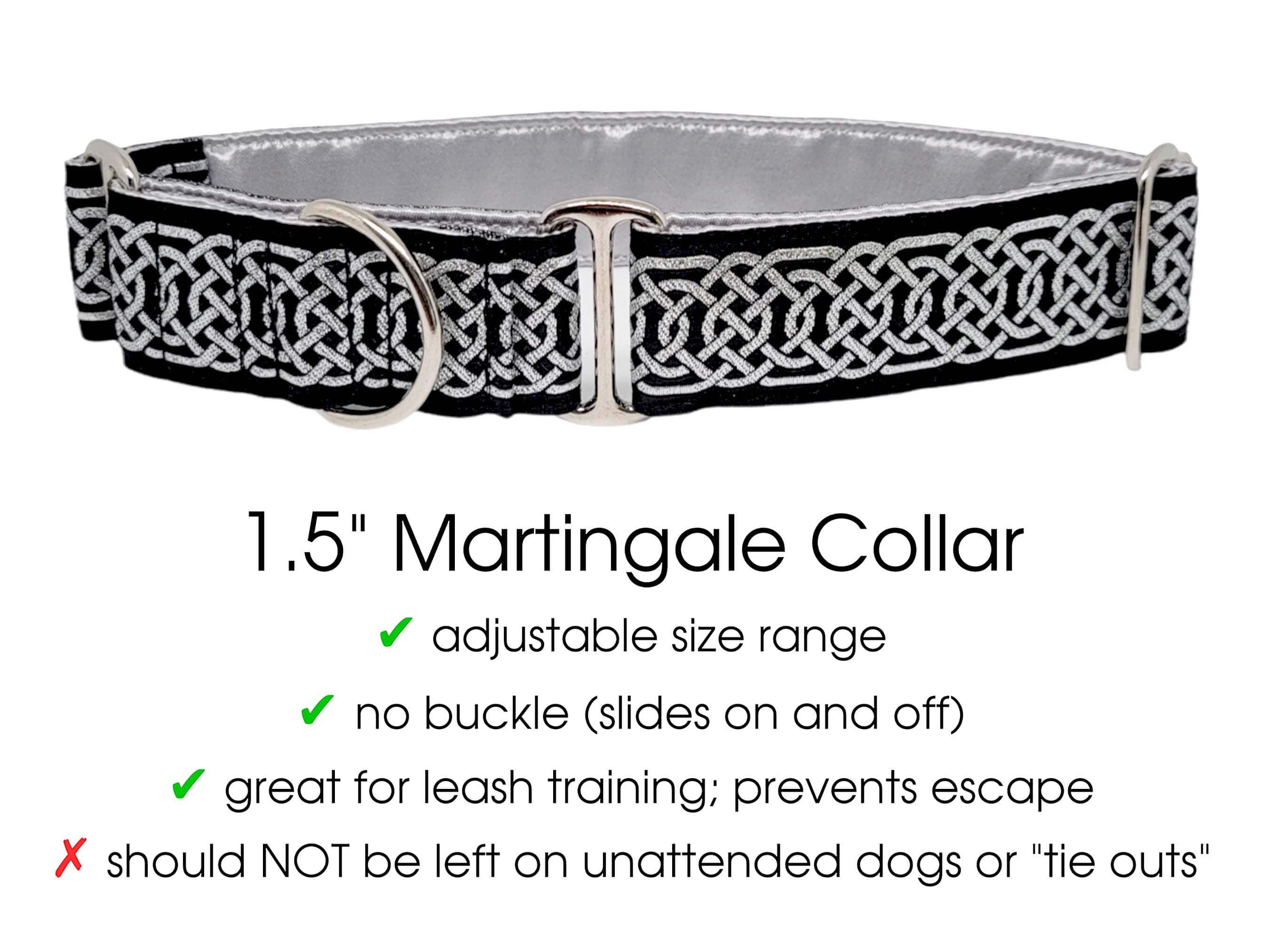 The Hound Haberdashery Premade & Ready to Ship: Mettalic Silver & Black Wexford Celtic Braid - 1.5" Large MARTINGALE - Nickel-Plated
