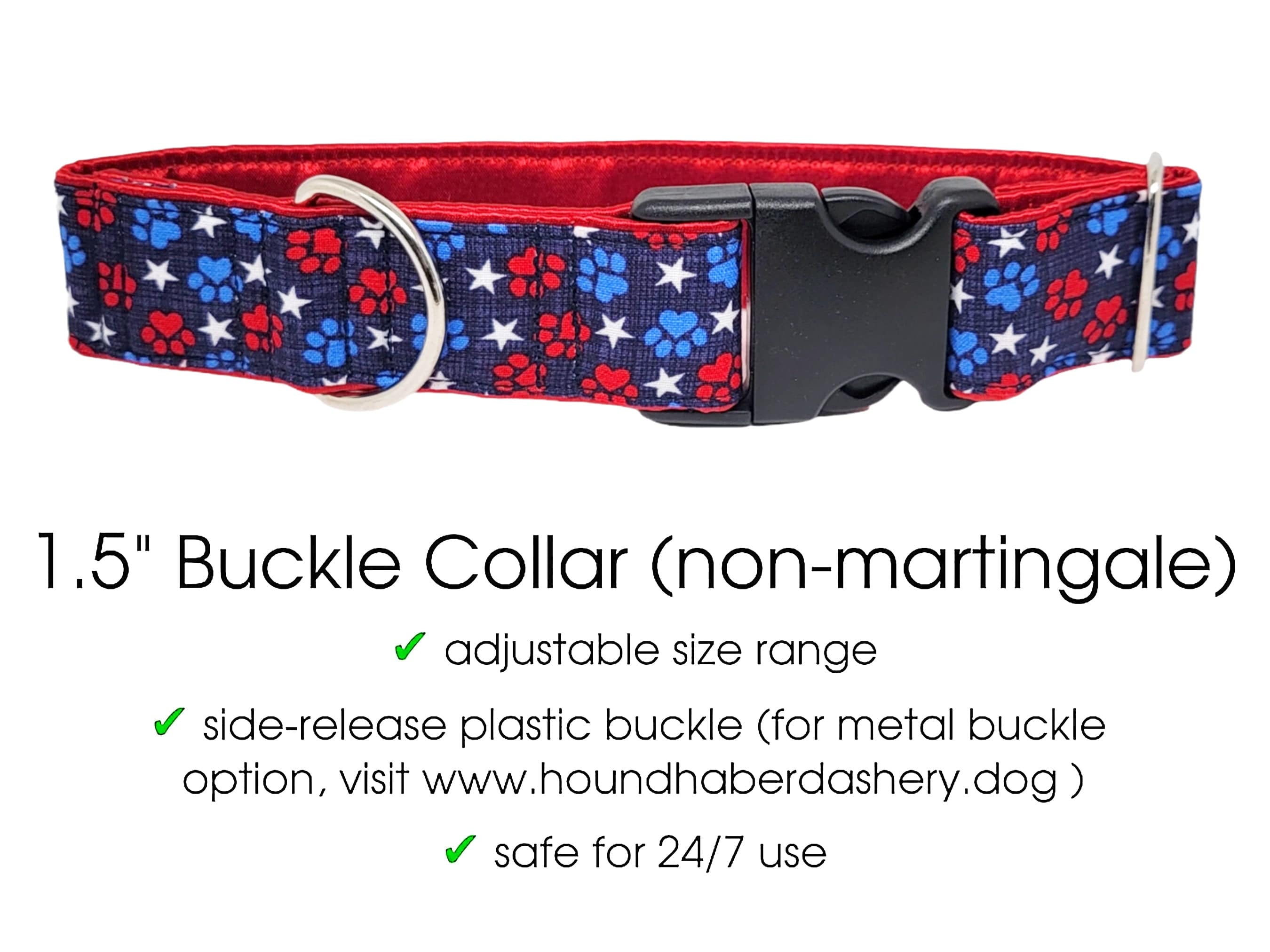 The Hound Haberdashery Patriotic Paws Buckle Collar (size LARGE)- for Medium to Large Dog, Greyhound, Whippet, Poodle - 1.5 Inch Wide