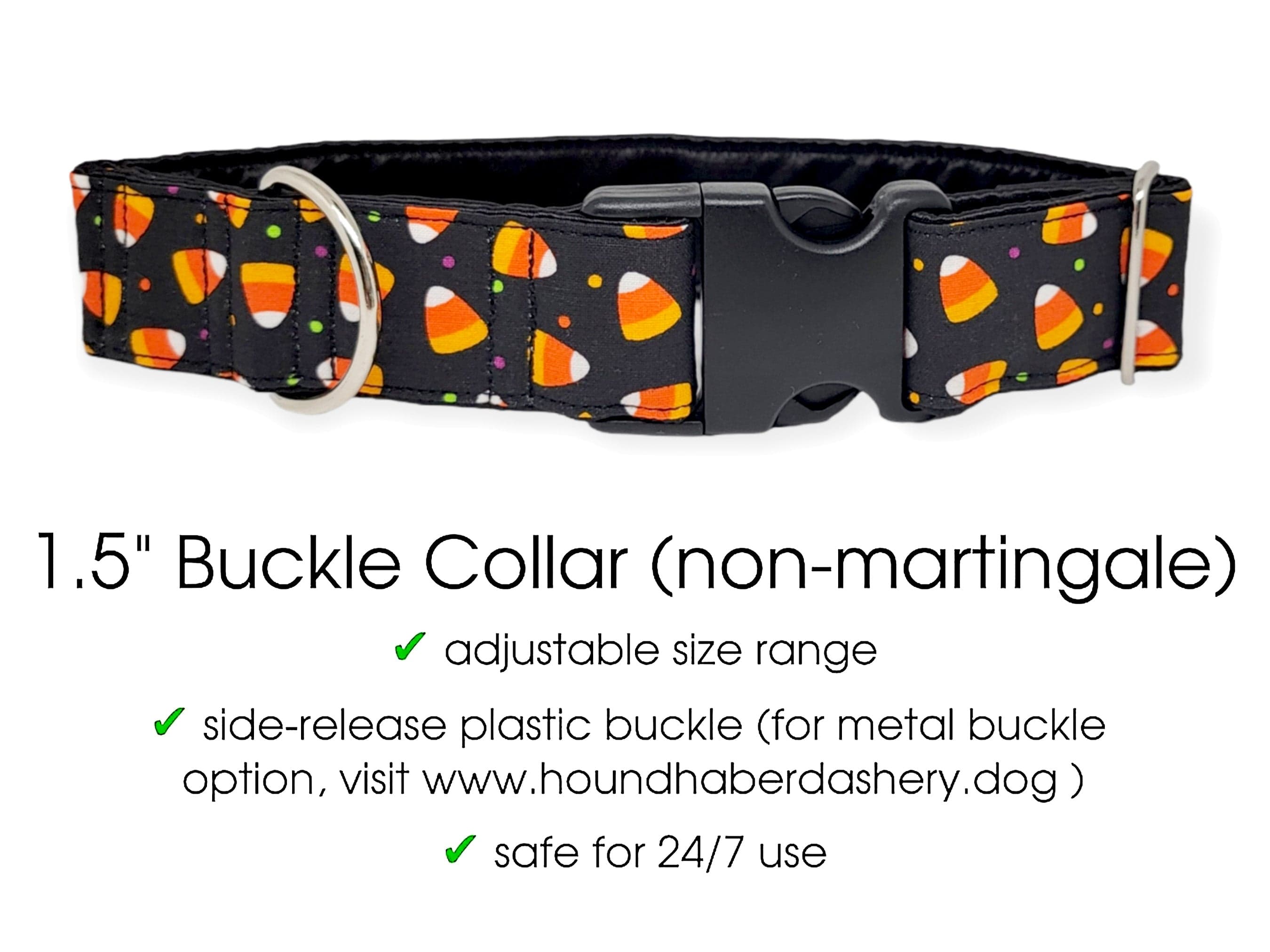 The Hound Haberdashery Premade Ready to Ship: 1.5" Wide Candy Corn Buckle Collar (size medium)