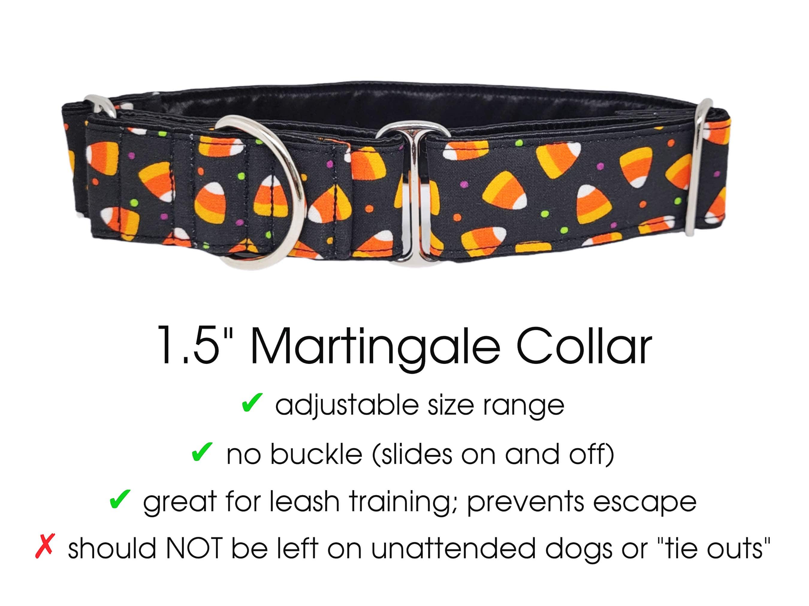 The Hound Haberdashery Premade Ready to Ship: 1.5" Wide Candy Corn Martingale Collar (size medium)