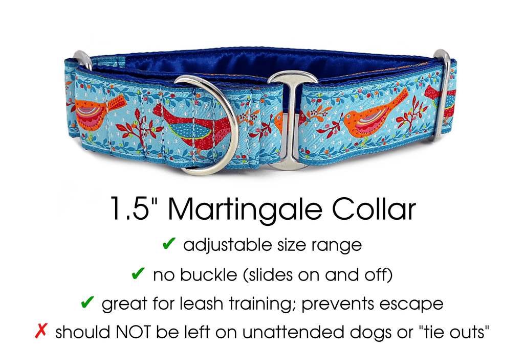The Hound Haberdashery Premade & Ready to Ship: Blue Birds of a Feather - 1.5" XL  MARTINGALE - Nickel-Plated