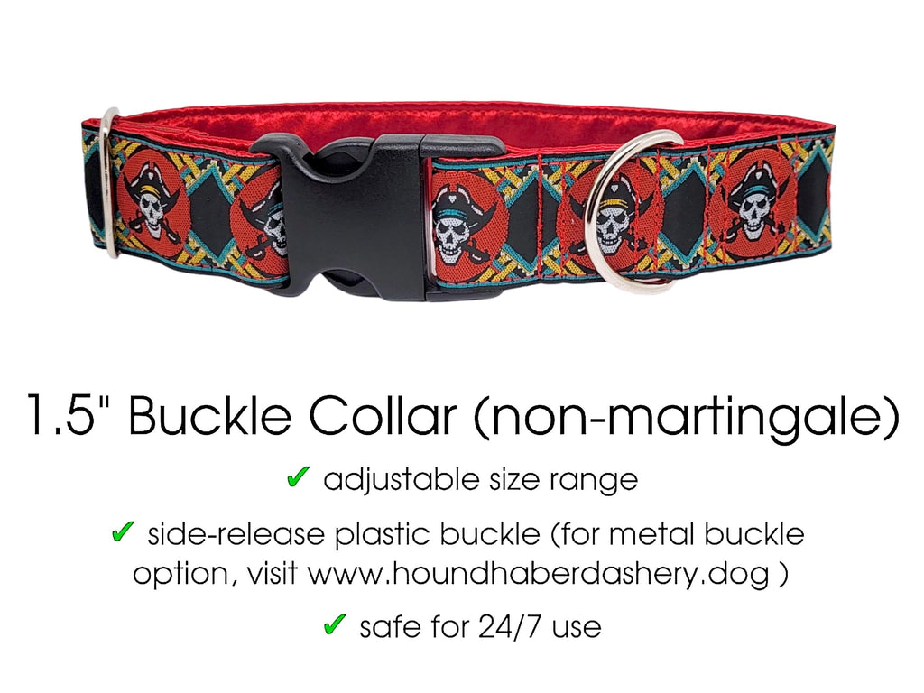 The Hound Haberdashery Premade Ready to Ship: 1.5" Pirates RED Buckle Collar (size small)