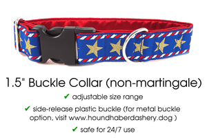The Hound Haberdashery Premade Ready to Ship: 1.5" wide Stars buckle Collar (size small)