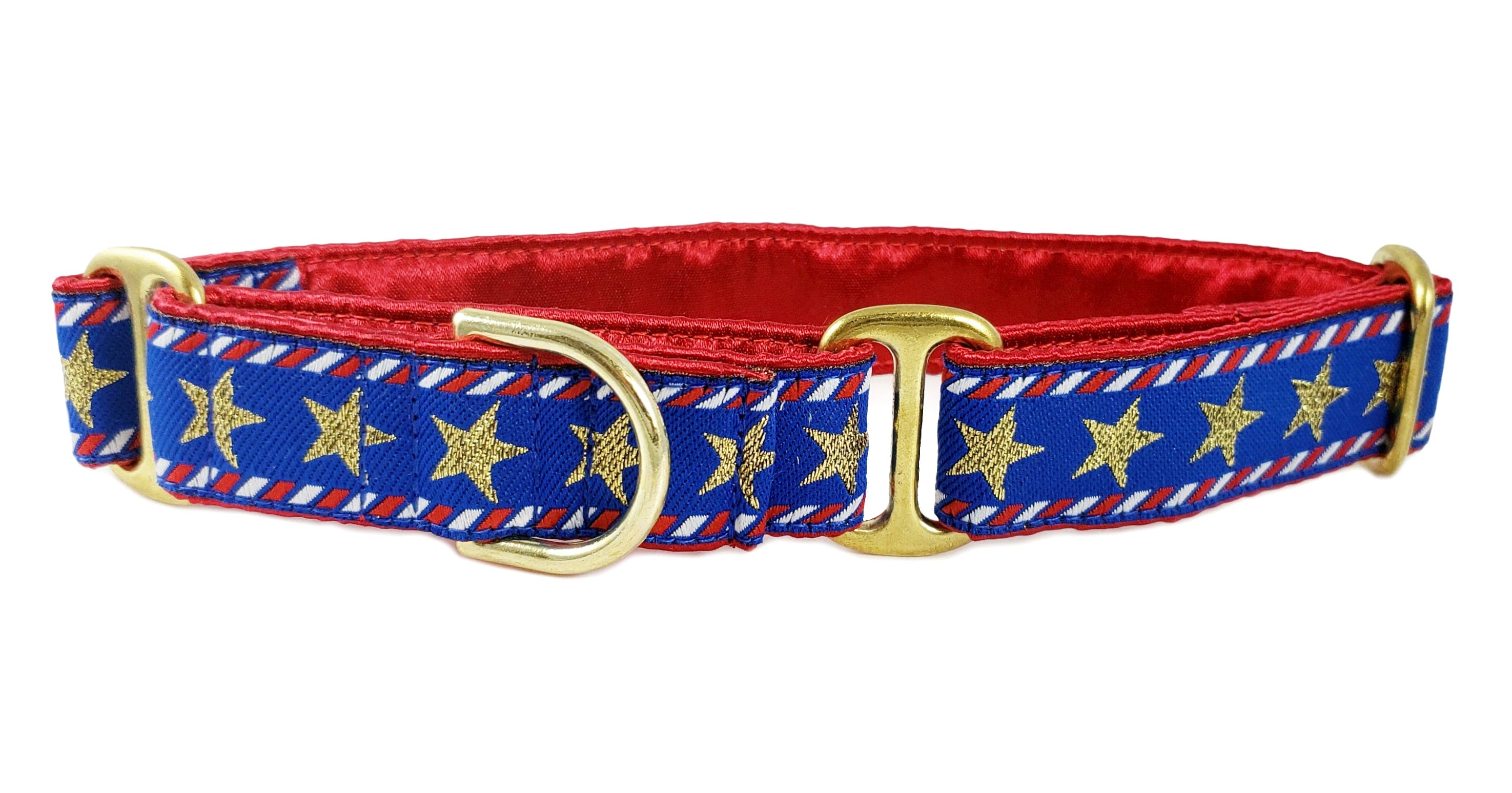 The Hound Haberdashery Premade Ready to Ship: 1" wide Stars and Stripes Martingale Collar-AGED BRASS(size Med)