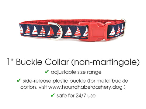 The Hound Haberdashery Premade & Ready to Ship: 1" wide Sailboats Buckle Collar (size small)