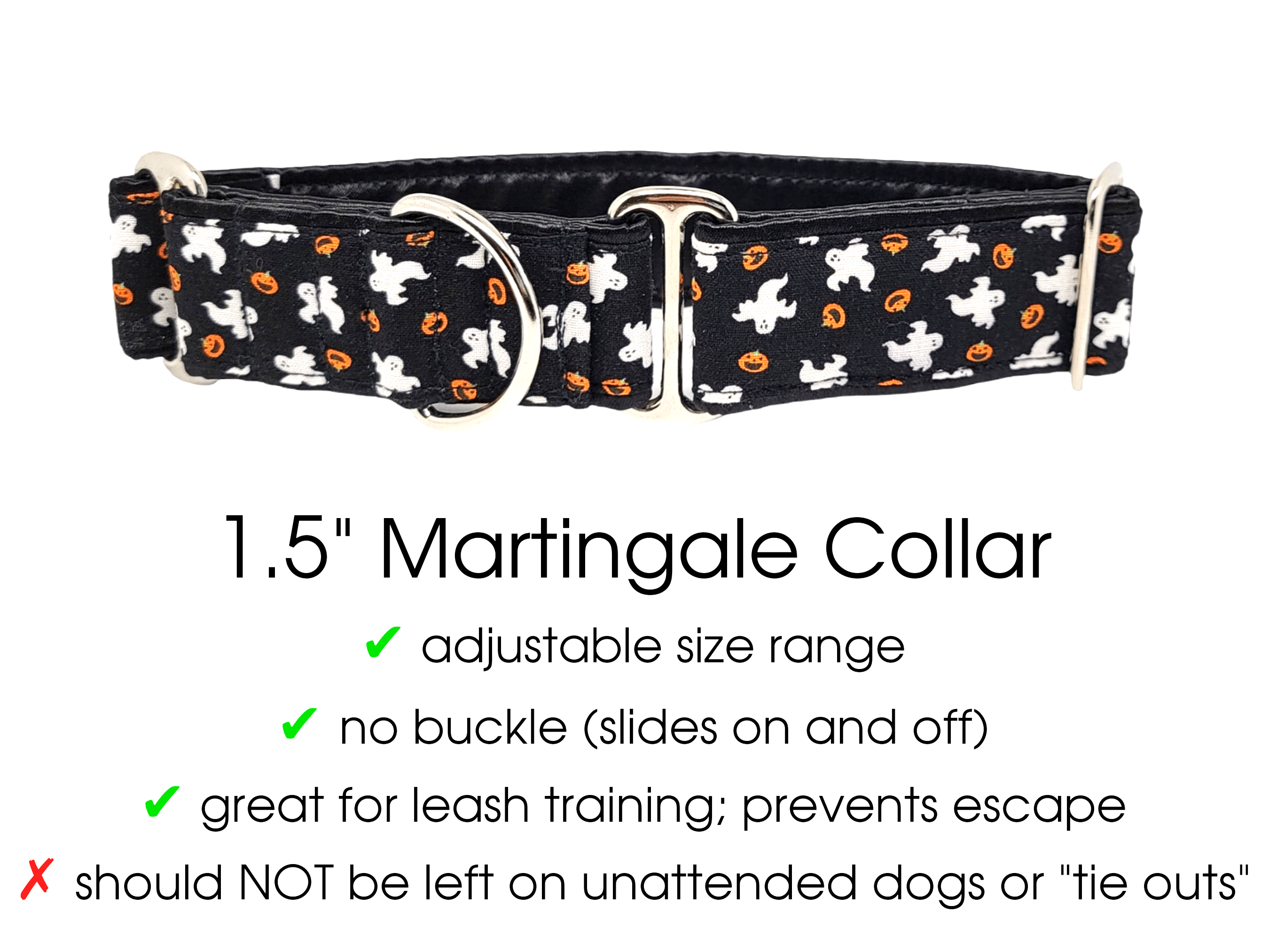 The Hound Haberdashery Premade & Ready to Ship: 1.5" Wide Ghosts & Pumpkins Martingale Collar (Size Medium)