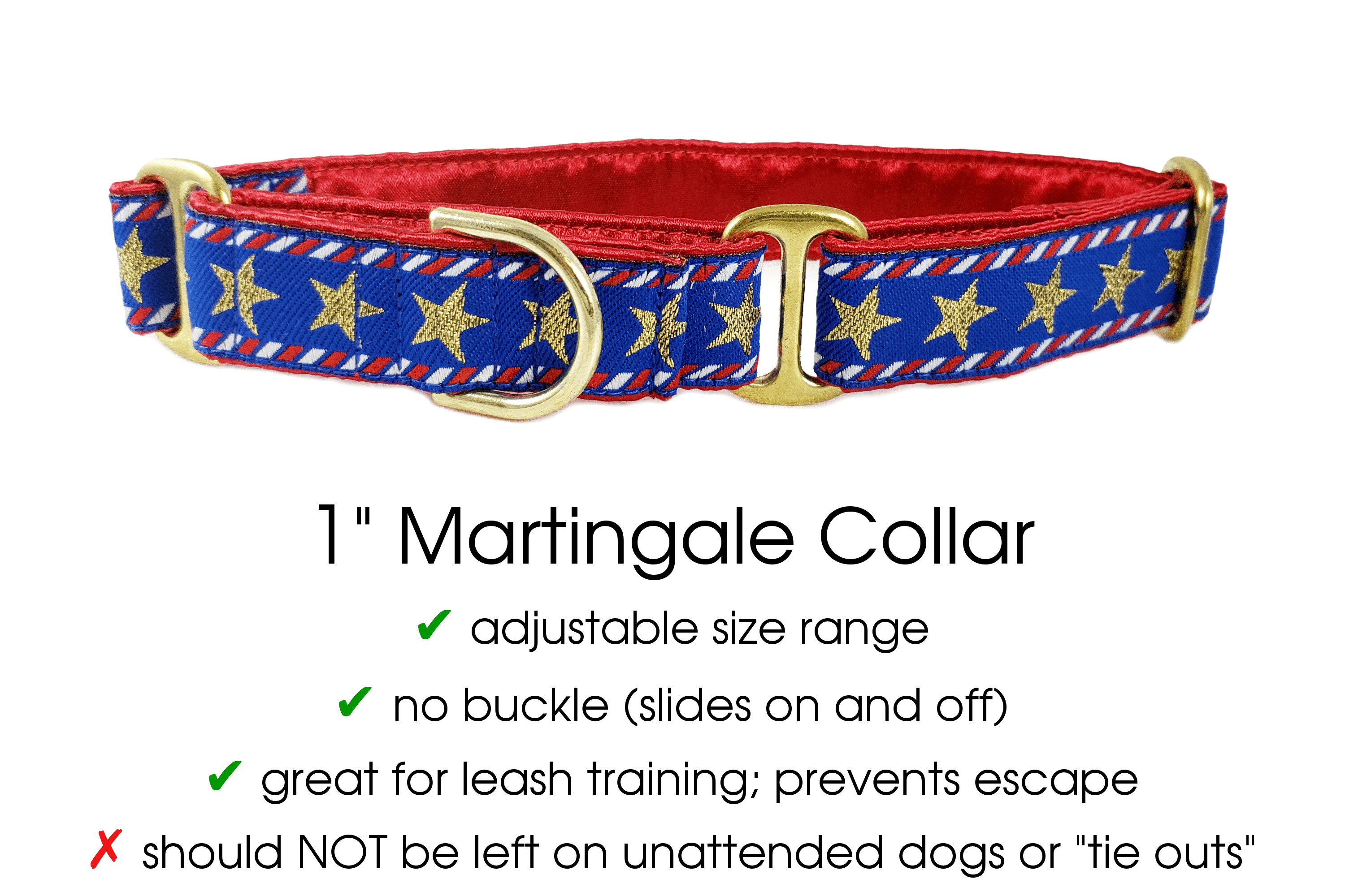 The Hound Haberdashery Premade Ready to Ship: 1" Wide Stars and Stripes Martingale Collar-AGED BRASS (Size Medium)