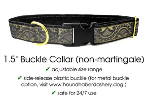 The Hound Haberdashery Collar Tivoli Jacquard in Black & Gold - Martingale Dog Collar or Buckle Dog Collar - 1.5" Width