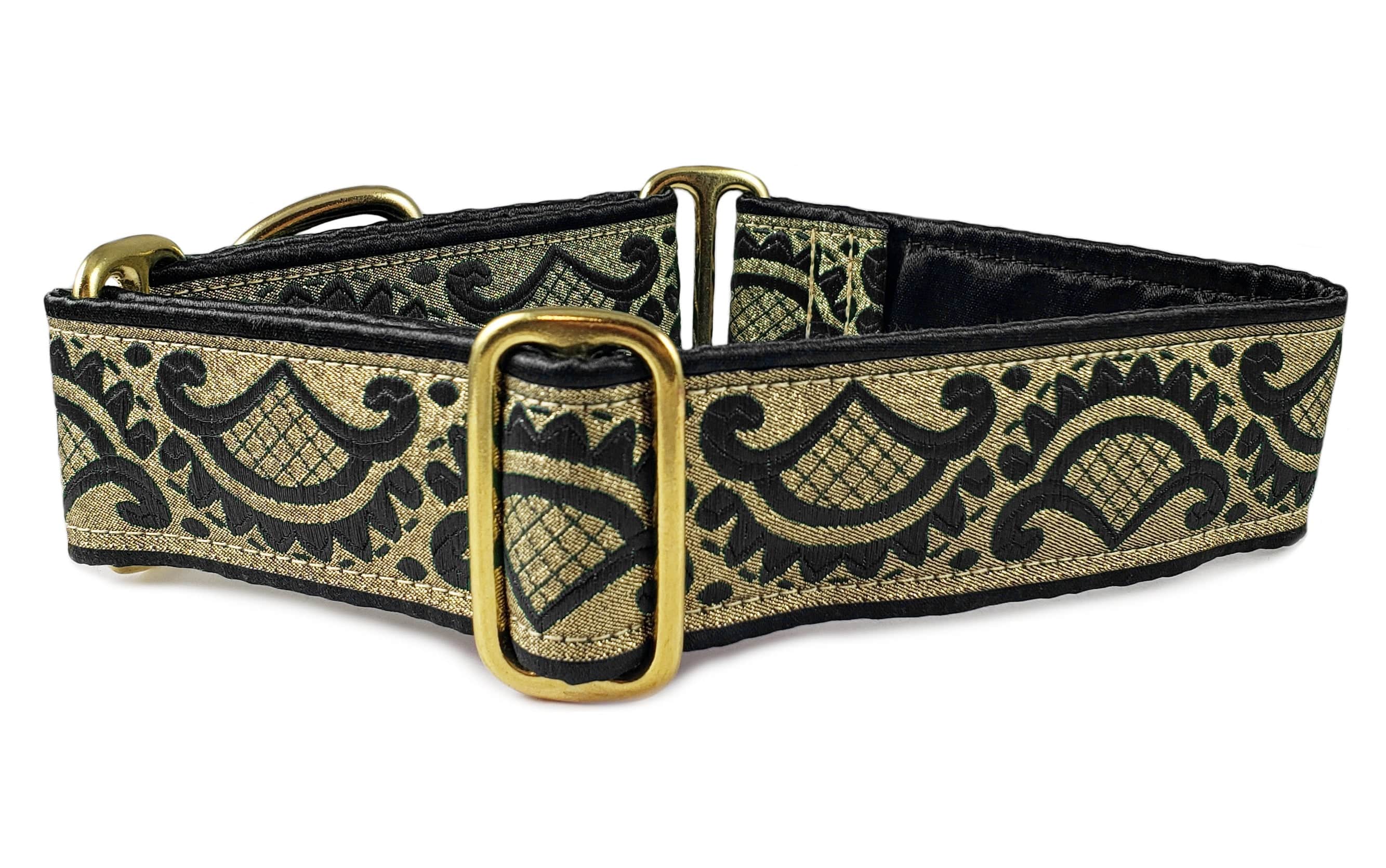 The Hound Haberdashery Collar Tivoli Jacquard in Black & Gold - Martingale Dog Collar or Buckle Dog Collar - 1.5" Width