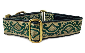 The Hound Haberdashery Collar Tivoli Jacquard in Green & Gold - Martingale Dog Collar or Buckle Dog Collar - 1.5" Width
