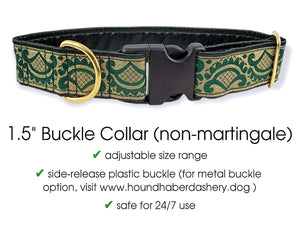 The Hound Haberdashery Collar Tivoli Jacquard in Green & Gold - Martingale Dog Collar or Buckle Dog Collar - 1.5" Width